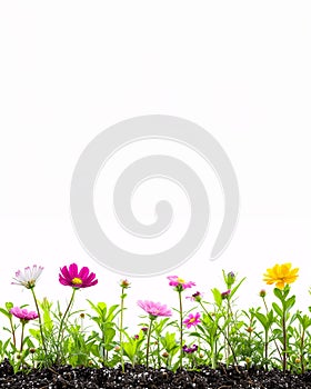 Blank Copy Space with Colorful Flowers at the Bottom on White Background