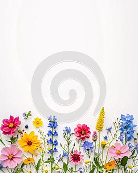 Blank Copy Space with Colorful Flowers at the Bottom on White Background