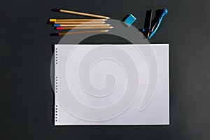 Blank copy space E- learning,Online education concept, School stationery supplies. Back to school. Top view copy space