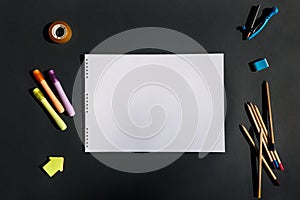 Blank copy space E- learning,Online education concept, School stationery supplies. Back to school. Top view copy space