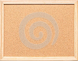 Blank cork board mock up with corkboard texture background with wooden frame hanging on white wood wall isolated for bulletin