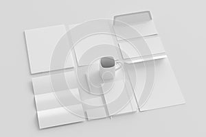 Blank corporate stationery set mockup with envelopes, business cards, folder, trifold brochure, paper sheet, notebook, cup and