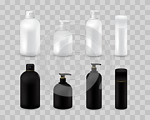 Blank cosmetic package collection set isolated on transparent checkered. Realistic cosmetic bottle mock up set. Shampoo