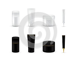 Blank cosmetic package collection set isolated on white background. Realistic cosmetic bottle mock up set. Shampoo and