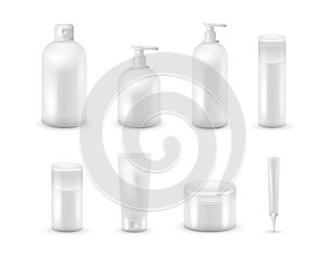 Blank cosmetic package collection set isolated on white background. Realistic cosmetic bottle mock up set. Shampoo and cream pack