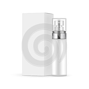Blank Cosmetic Spray Bottle Mockup With Transparent Cap for Perfume or Serum, Paper Packaging Box