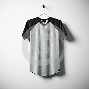 Blank cotton tshirt of gray and black colors hanging in center empty concrete wall. Clear label mockup with highly