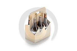 Blank craft glass beer bottle cardboard holder mock up, isolated photo