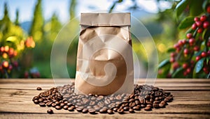 Blank craft paper bag with coffee beans on wooden table. Blurred natural backdrop. Mock-up