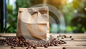 Blank craft paper bag with coffee beans on wooden table. Blurred natural backdrop. Mock-up