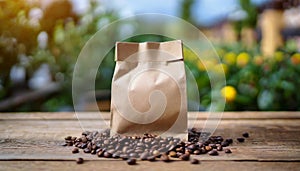 Blank craft paper bag with coffee beans on wooden table. Blurred natural backdrop. Mock-up
