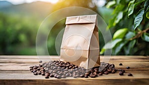 Blank craft paper bag with coffee beans on wooden table. Blurred natural backdrop. Mock-up