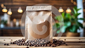 Blank craft paper bag with coffee beans on wooden table. Blurred natural backdrop. Mock-up