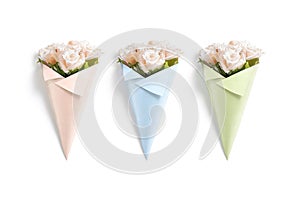 Blank craft and white flowers packaging cone mockup, top view