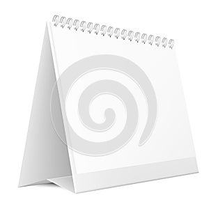 Blank desktop calendar isolated on white background. Blank desktop spiral calendar. Realistic white blank standing desk