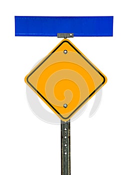 Blank Diamond Caution Sign with Street Sign Above