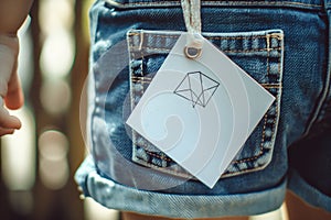 blank diamondshaped tag hanging from the pocket of a childs denim shorts photo