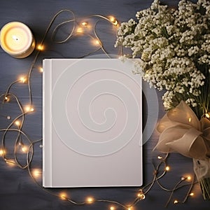 Blank diary empty page note book top view new year Christmas celebration light flower decoration for background image