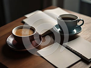 A blank diary note book and a cup of hot coffee on table