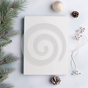 Blank diary notebook, leaf,ball, white, AI generated.