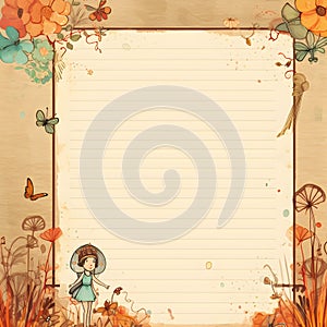 Blank diary notepad, cute cartoon, mini flower, little girl, AI generated.