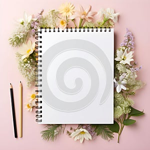 Blank diary notepad, flower, pencil, flowers, AI generated.