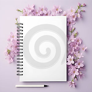 Blank diary notepad, flowers, pencil, purple, AI generated.