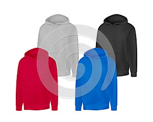 Blank different colors mens hoodie sweatshirt long sleeve. Male hoody with hood front view. Vector template sport winter clothes