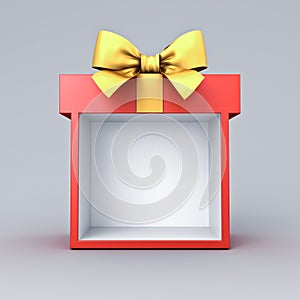 Blank display red present box showcase stand or red gift box mock up with golden ribbon bow on white grey background