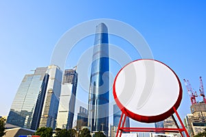 Blank drum in modern city with buildings background