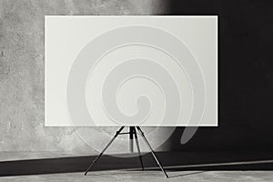 Blank easel with white canvas on concrete gray background. 3D rendering.