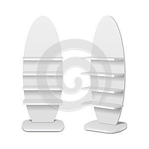 Blank Ellipse Empty Showcase Display With Retail Shelves. 3D, Front View. Illustration Isolated On White Background