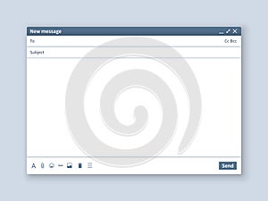 Blank email screen. Mail message interface blank mockup internet window computer, box page web software browser