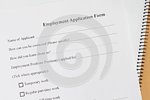 Blank employment application paper form