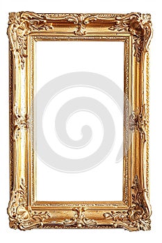 Blank empty 2:3 gold picture frame isolated on white background