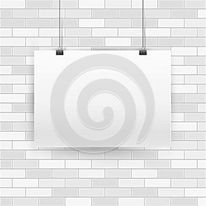 Blank empty A4 sized horizontal vector poster mockup, paper frame hanging on binder. White brick wall background