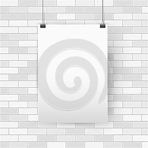 Blank empty A4 sized vector poster mockup, vertical paper frame hanging with paper clips. White brick wall background