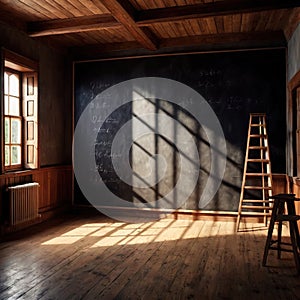 Blank, empty, blackboard for written message, in retro vintage classroom