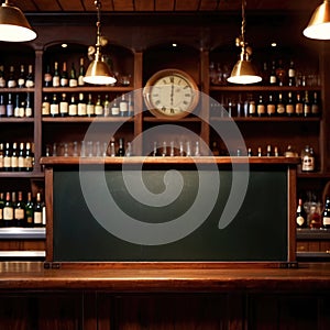 Blank, empty blackboard sign on wall behind bar in restaurant