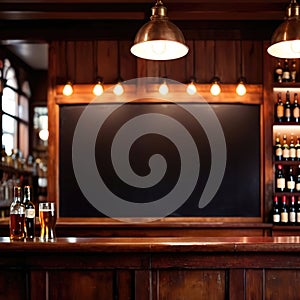 Blank, empty blackboard sign on wall behind bar in restaurant