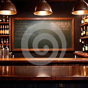 Blank, empty blackboard sign on wall behind bar in restaurant