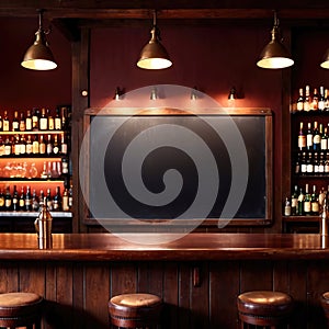 Blank, empty blackboard sign on wall behind bar in restaurant