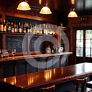 Blank, empty blackboard sign on wall behind bar in restaurant