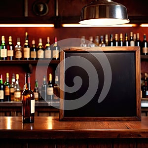 Blank, empty blackboard sign on wall behind bar in restaurant