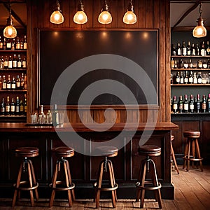 Blank, empty blackboard sign on wall behind bar in restaurant