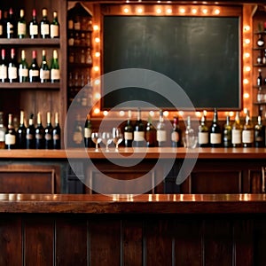 Blank, empty blackboard sign on wall behind bar in restaurant