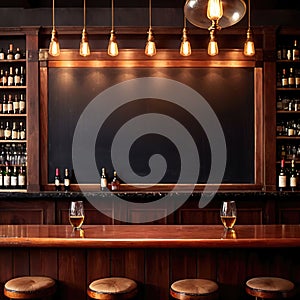 Blank, empty blackboard sign on wall behind bar in restaurant