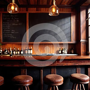 Blank, empty blackboard sign on wall behind bar in restaurant