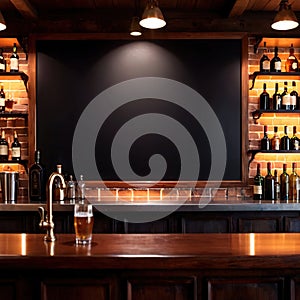 Blank, empty blackboard sign on wall behind bar in restaurant