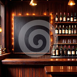 Blank, empty blackboard sign on wall behind bar in restaurant